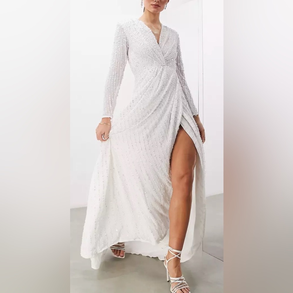 ASOS White Beaded Long-Sleeve V-Neck Wedding Dress with High Slit